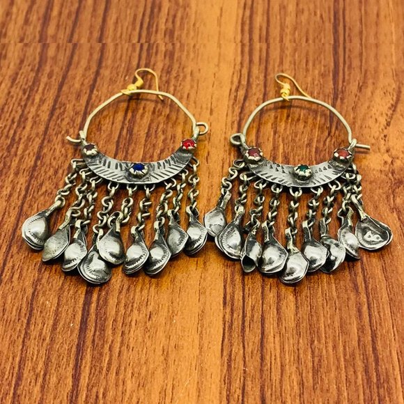 Vintage Silver Kuchi Earrings With Long Tassels, Tribal Earrings, Kuchi Boho - Picture 3 of 10